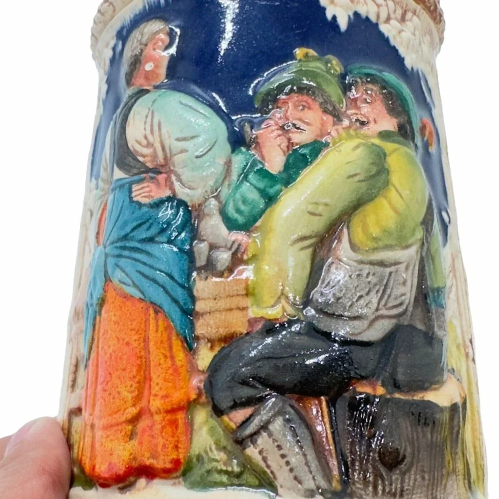 Antique Vintage German Beer Stein Heilt allen Schmerz Ein Frohes Herz 7 Inches
